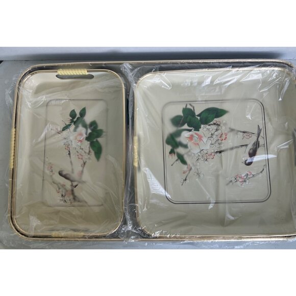 Lacquerware 3-Piece Tray Set Bird & Floral Design Japan By Jay Import Co NEW - Picture 5 of 10